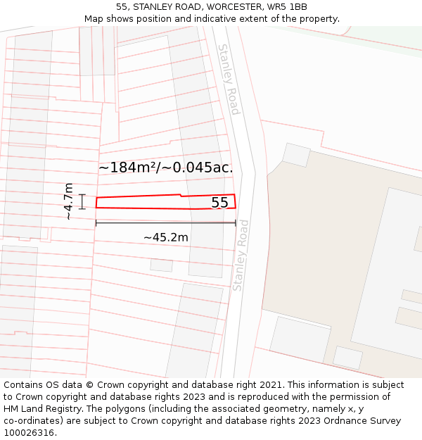 55, STANLEY ROAD, WORCESTER, WR5 1BB: Plot and title map