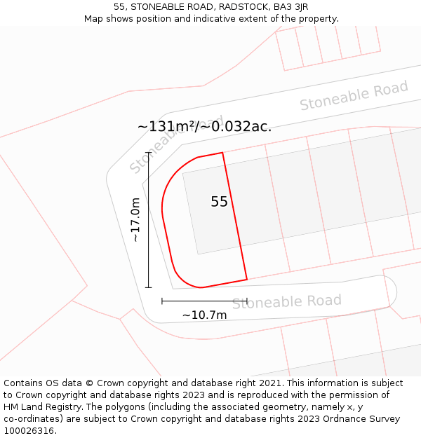 55, STONEABLE ROAD, RADSTOCK, BA3 3JR: Plot and title map