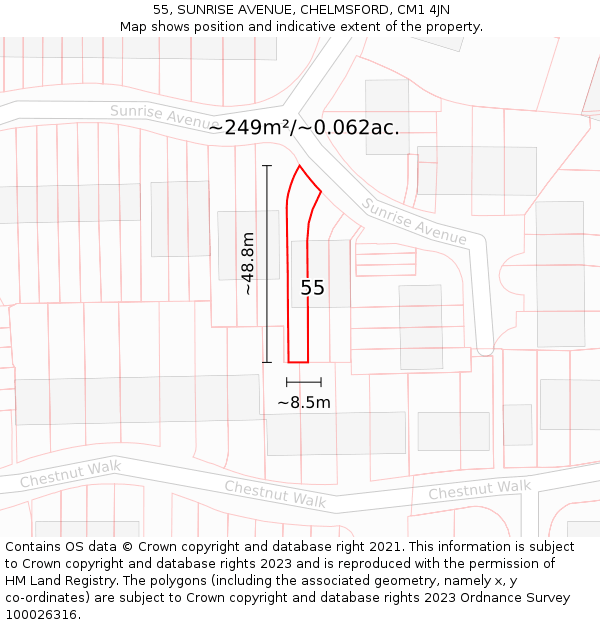 55, SUNRISE AVENUE, CHELMSFORD, CM1 4JN: Plot and title map