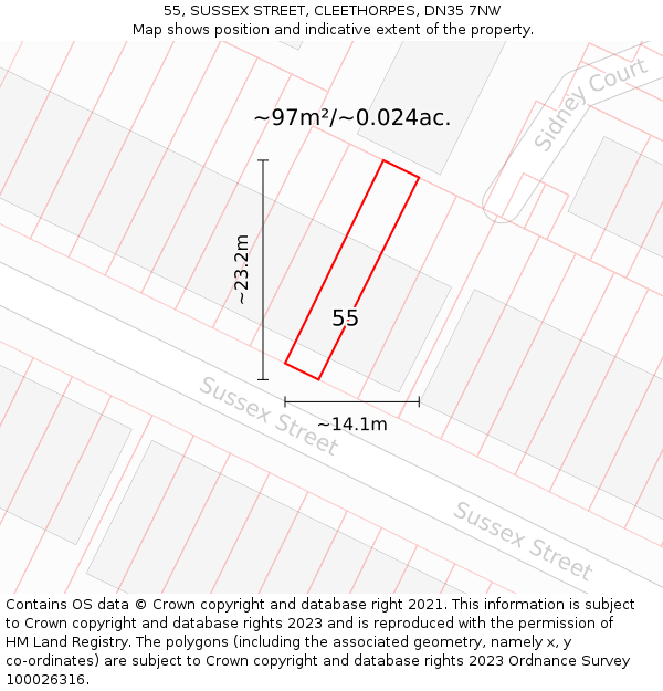 55, SUSSEX STREET, CLEETHORPES, DN35 7NW: Plot and title map