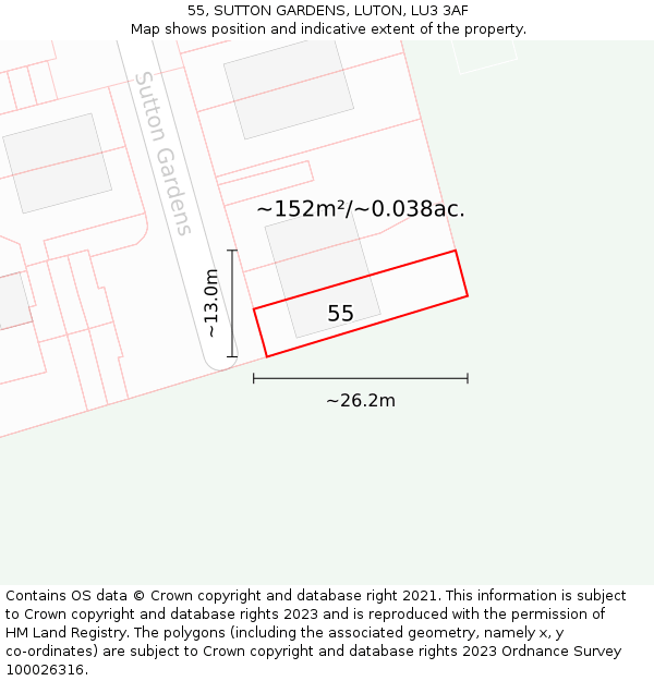 55, SUTTON GARDENS, LUTON, LU3 3AF: Plot and title map
