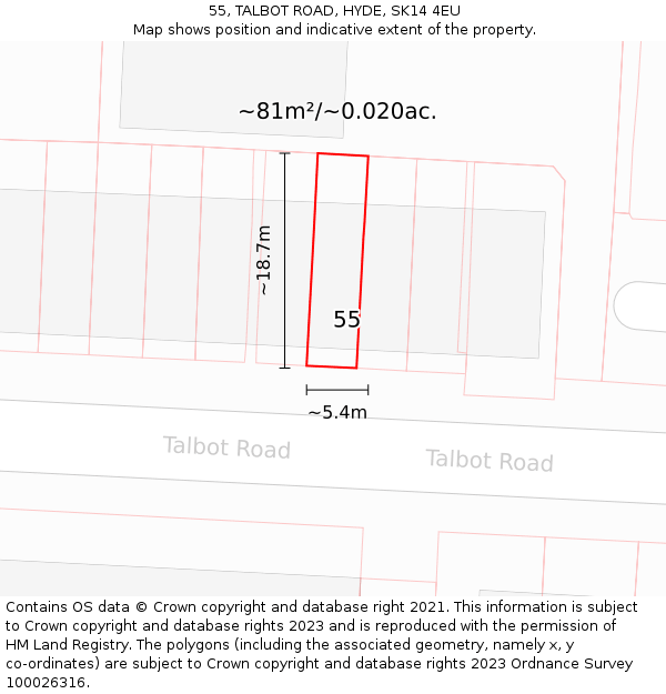55, TALBOT ROAD, HYDE, SK14 4EU: Plot and title map