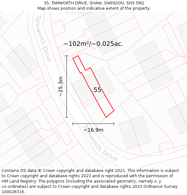 55, TAMWORTH DRIVE, SHAW, SWINDON, SN5 5RQ: Plot and title map