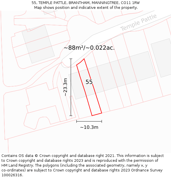 55, TEMPLE PATTLE, BRANTHAM, MANNINGTREE, CO11 1RW: Plot and title map