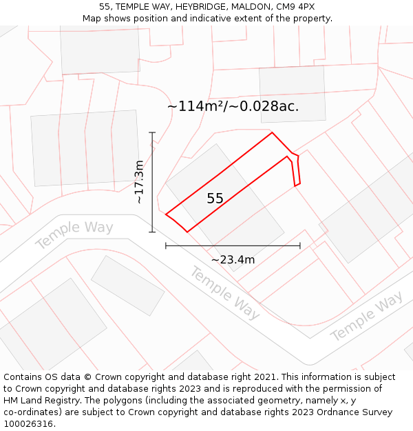 55, TEMPLE WAY, HEYBRIDGE, MALDON, CM9 4PX: Plot and title map