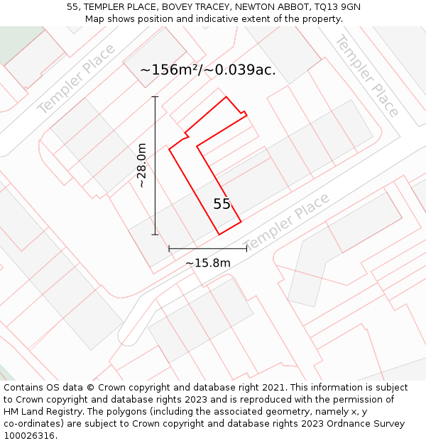 55, TEMPLER PLACE, BOVEY TRACEY, NEWTON ABBOT, TQ13 9GN: Plot and title map