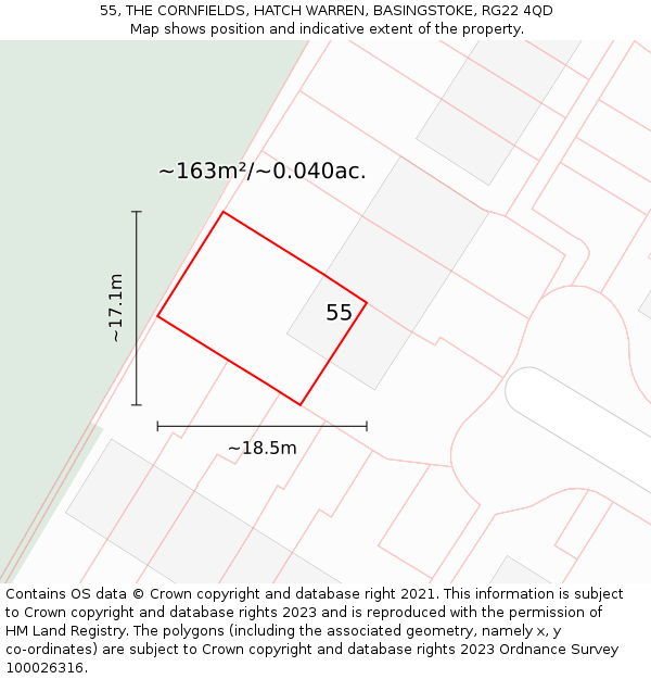 55, THE CORNFIELDS, HATCH WARREN, BASINGSTOKE, RG22 4QD: Plot and title map