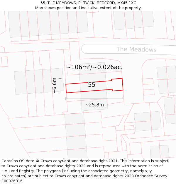 55, THE MEADOWS, FLITWICK, BEDFORD, MK45 1XG: Plot and title map