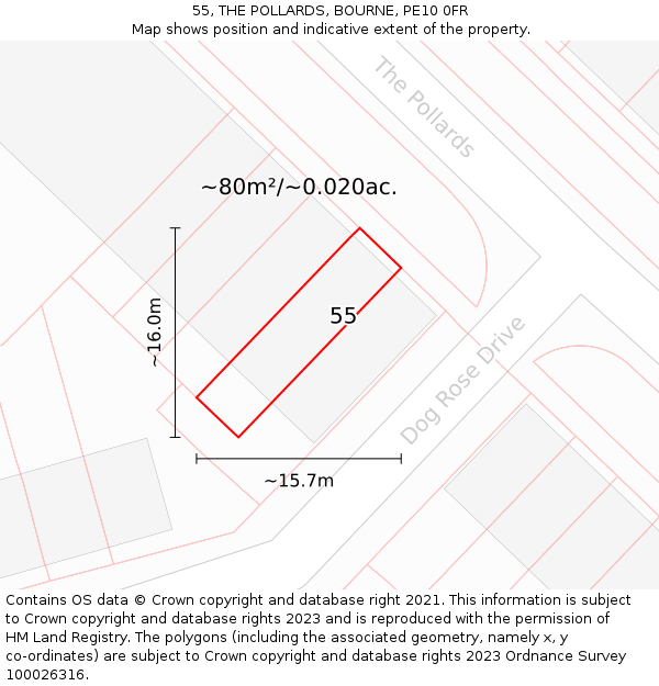 55, THE POLLARDS, BOURNE, PE10 0FR: Plot and title map