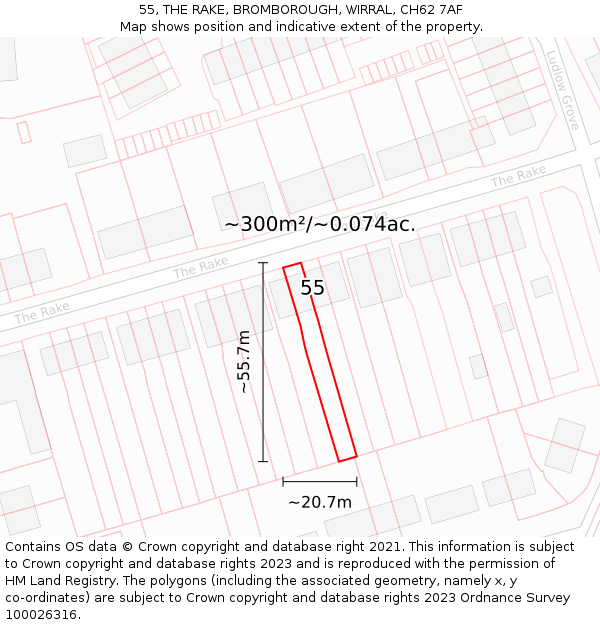 55, THE RAKE, BROMBOROUGH, WIRRAL, CH62 7AF: Plot and title map