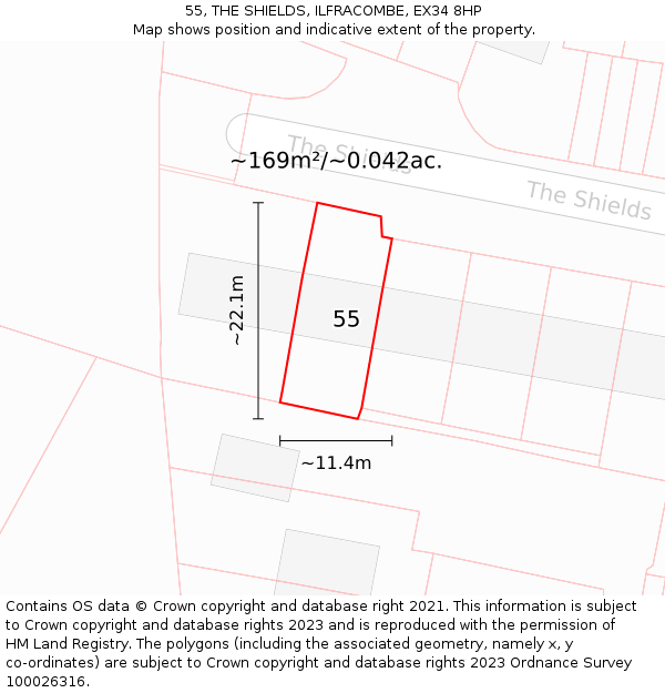 55, THE SHIELDS, ILFRACOMBE, EX34 8HP: Plot and title map