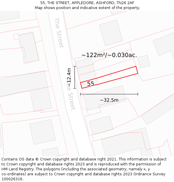 55, THE STREET, APPLEDORE, ASHFORD, TN26 2AF: Plot and title map