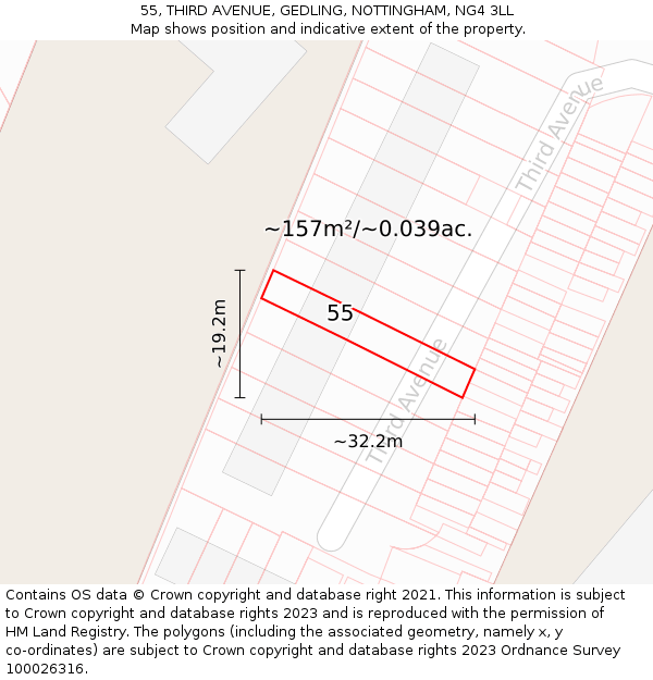 55, THIRD AVENUE, GEDLING, NOTTINGHAM, NG4 3LL: Plot and title map