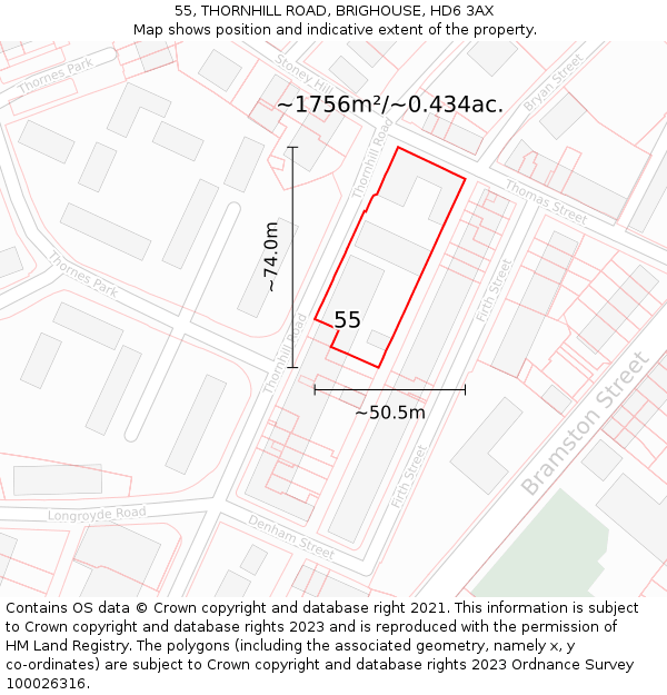 55, THORNHILL ROAD, BRIGHOUSE, HD6 3AX: Plot and title map