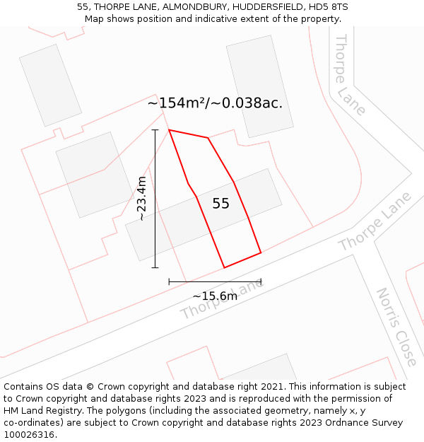 55, THORPE LANE, ALMONDBURY, HUDDERSFIELD, HD5 8TS: Plot and title map
