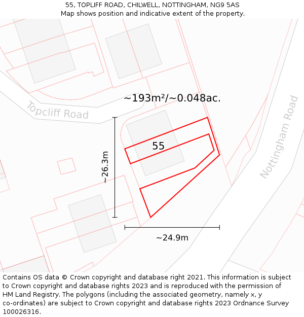 55, TOPLIFF ROAD, CHILWELL, NOTTINGHAM, NG9 5AS: Plot and title map