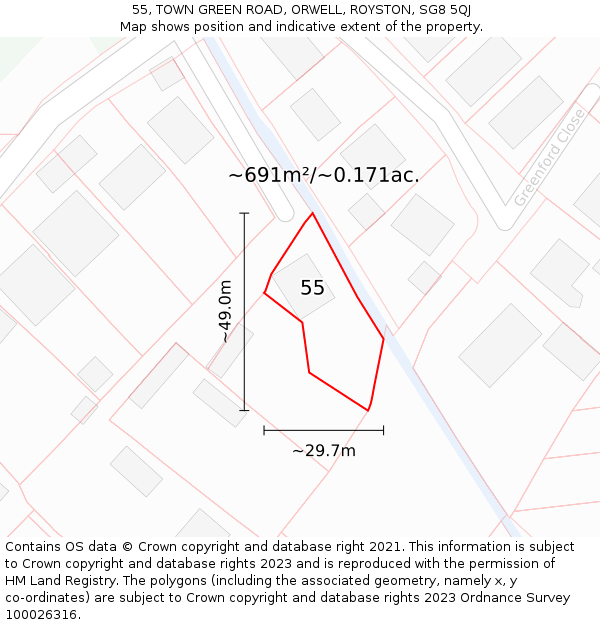 55, TOWN GREEN ROAD, ORWELL, ROYSTON, SG8 5QJ: Plot and title map