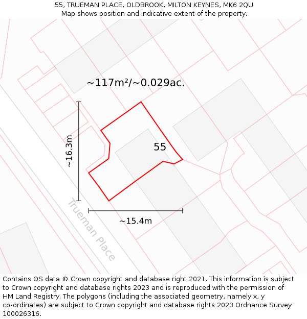 55, TRUEMAN PLACE, OLDBROOK, MILTON KEYNES, MK6 2QU: Plot and title map