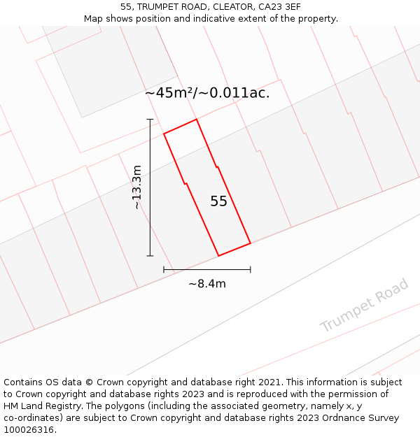 55, TRUMPET ROAD, CLEATOR, CA23 3EF: Plot and title map