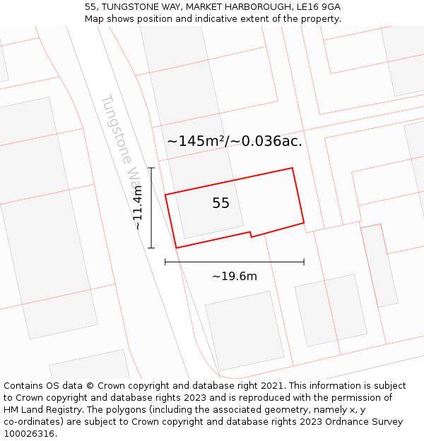 55, TUNGSTONE WAY, MARKET HARBOROUGH, LE16 9GA: Plot and title map