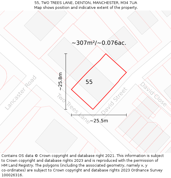 55, TWO TREES LANE, DENTON, MANCHESTER, M34 7UA: Plot and title map