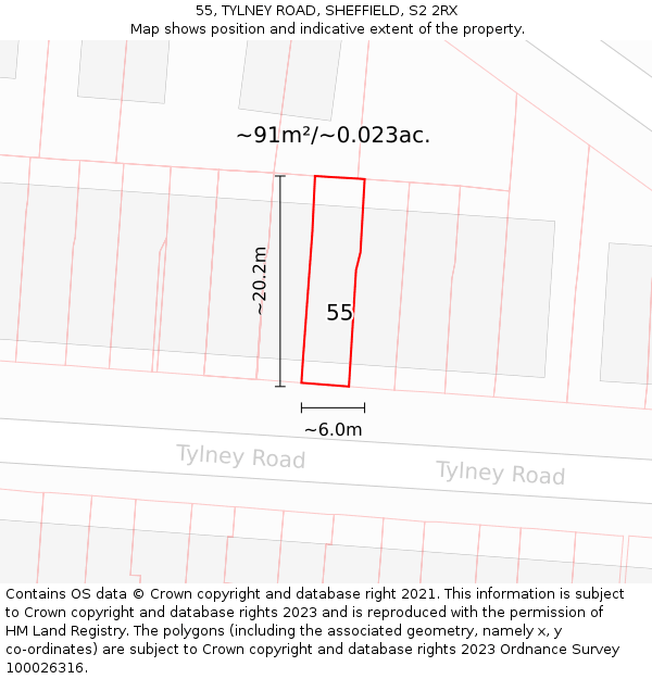 55, TYLNEY ROAD, SHEFFIELD, S2 2RX: Plot and title map