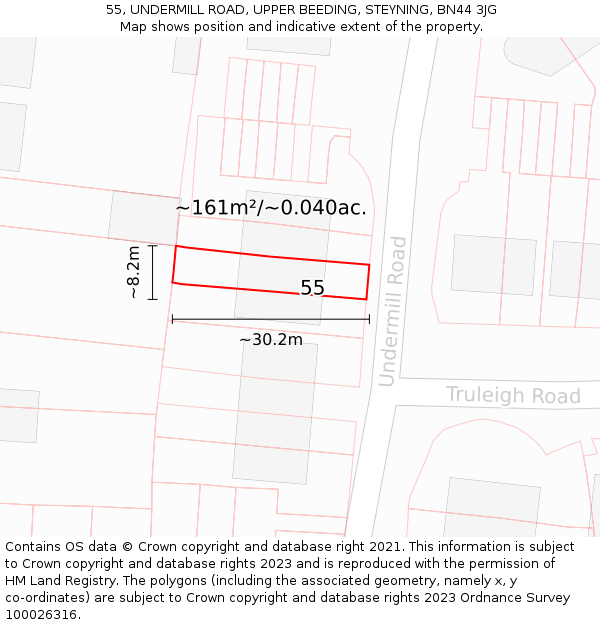 55, UNDERMILL ROAD, UPPER BEEDING, STEYNING, BN44 3JG: Plot and title map