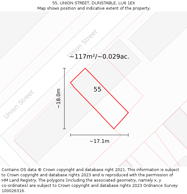55, UNION STREET, DUNSTABLE, LU6 1EX: Plot and title map