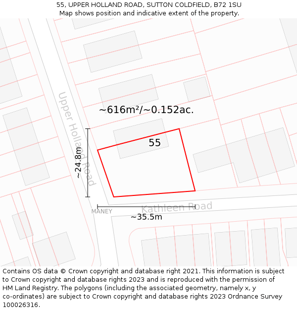 55, UPPER HOLLAND ROAD, SUTTON COLDFIELD, B72 1SU: Plot and title map