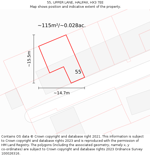 55, UPPER LANE, HALIFAX, HX3 7EE: Plot and title map