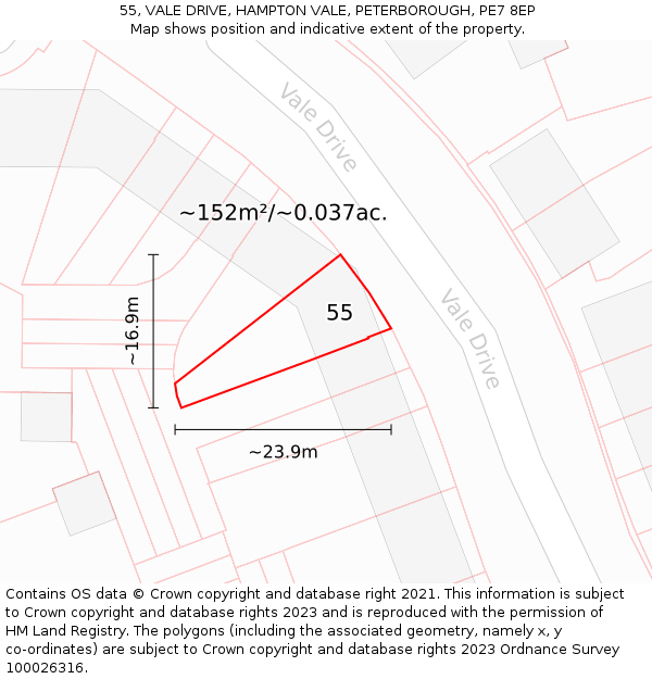 55, VALE DRIVE, HAMPTON VALE, PETERBOROUGH, PE7 8EP: Plot and title map