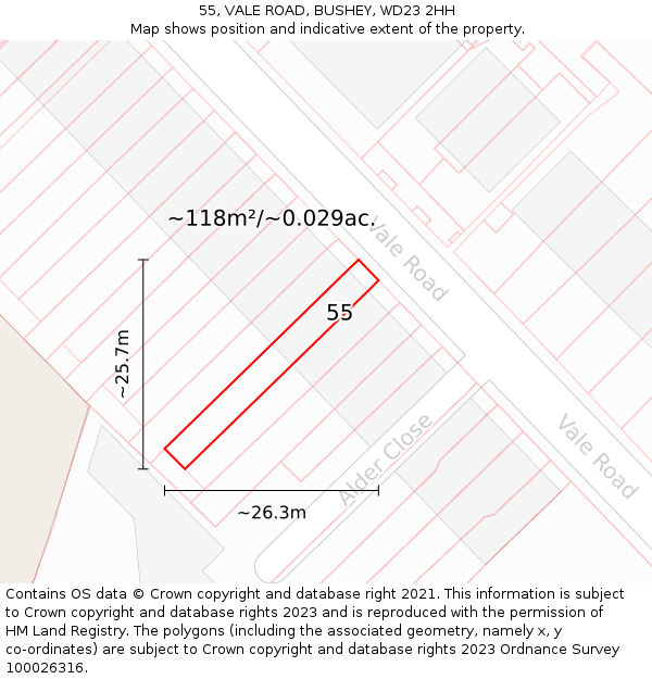 55, VALE ROAD, BUSHEY, WD23 2HH: Plot and title map