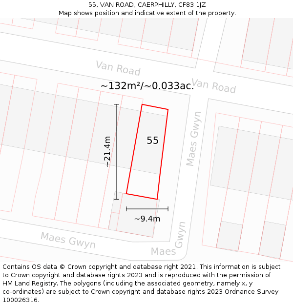 55, VAN ROAD, CAERPHILLY, CF83 1JZ: Plot and title map