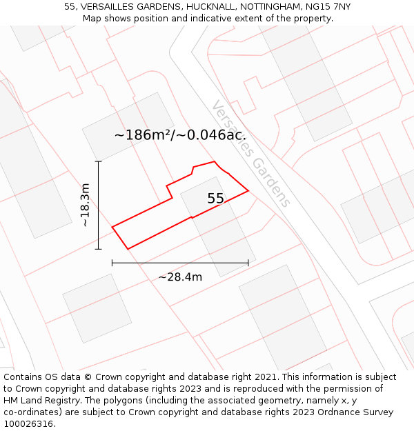 55, VERSAILLES GARDENS, HUCKNALL, NOTTINGHAM, NG15 7NY: Plot and title map