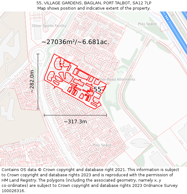 55, VILLAGE GARDENS, BAGLAN, PORT TALBOT, SA12 7LP: Plot and title map