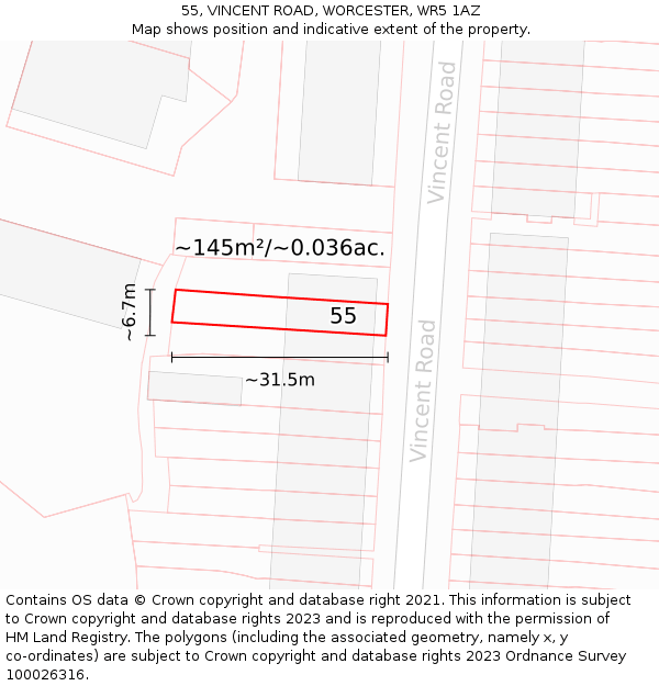 55, VINCENT ROAD, WORCESTER, WR5 1AZ: Plot and title map