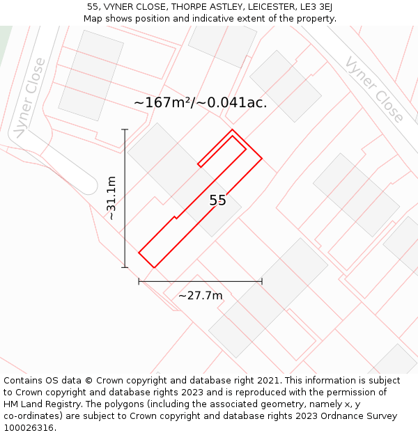 55, VYNER CLOSE, THORPE ASTLEY, LEICESTER, LE3 3EJ: Plot and title map