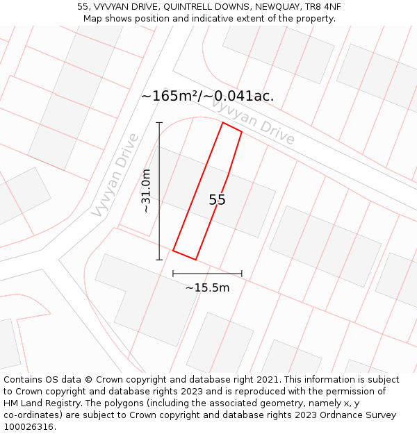55, VYVYAN DRIVE, QUINTRELL DOWNS, NEWQUAY, TR8 4NF: Plot and title map