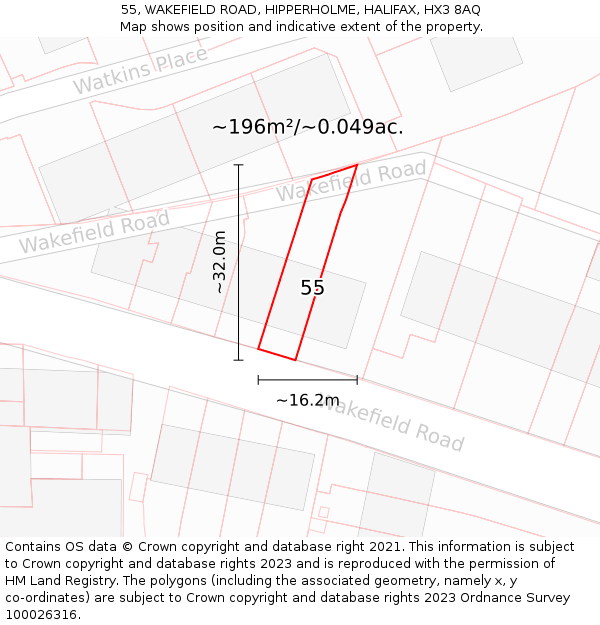 55, WAKEFIELD ROAD, HIPPERHOLME, HALIFAX, HX3 8AQ: Plot and title map