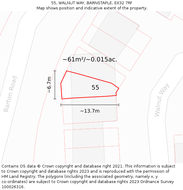55, WALNUT WAY, BARNSTAPLE, EX32 7RF: Plot and title map