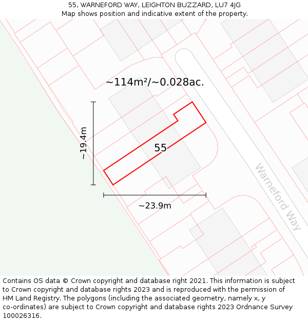 55, WARNEFORD WAY, LEIGHTON BUZZARD, LU7 4JG: Plot and title map