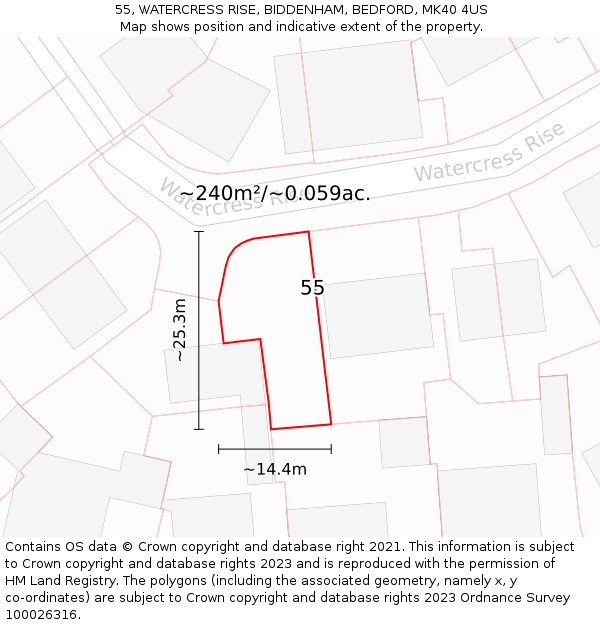 55, WATERCRESS RISE, BIDDENHAM, BEDFORD, MK40 4US: Plot and title map
