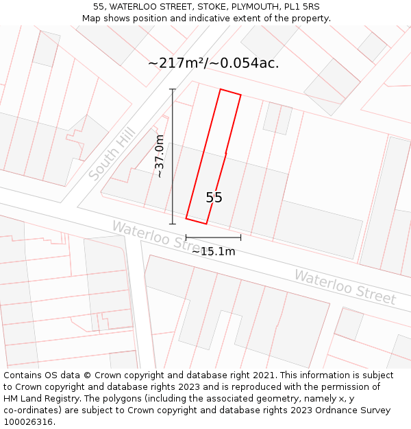 55, WATERLOO STREET, STOKE, PLYMOUTH, PL1 5RS: Plot and title map