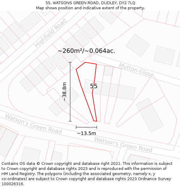 55, WATSONS GREEN ROAD, DUDLEY, DY2 7LQ: Plot and title map