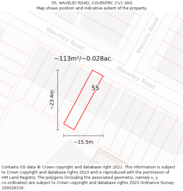 55, WAVELEY ROAD, COVENTRY, CV1 3AG: Plot and title map