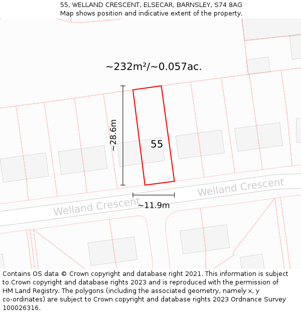 55, WELLAND CRESCENT, ELSECAR, BARNSLEY, S74 8AG: Plot and title map