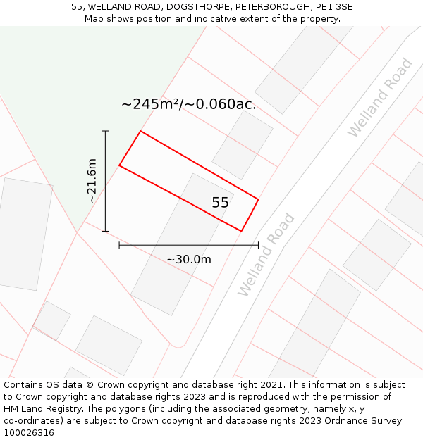 55, WELLAND ROAD, DOGSTHORPE, PETERBOROUGH, PE1 3SE: Plot and title map