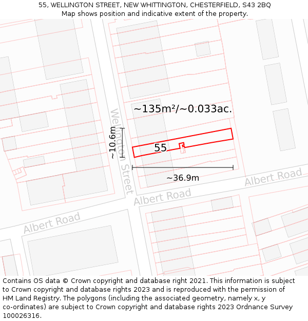 55, WELLINGTON STREET, NEW WHITTINGTON, CHESTERFIELD, S43 2BQ: Plot and title map