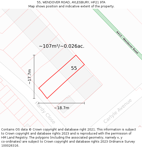 55, WENDOVER ROAD, AYLESBURY, HP21 9TA: Plot and title map