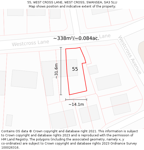 55, WEST CROSS LANE, WEST CROSS, SWANSEA, SA3 5LU: Plot and title map